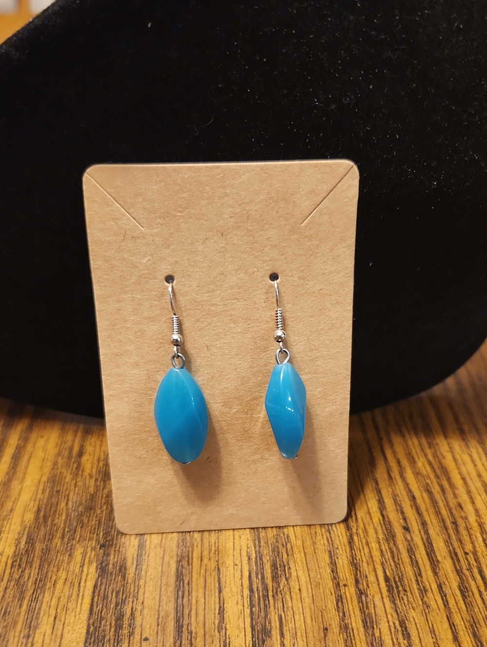 Vintage Teal Blue Marquise Bead Dangle Earrings Silver Tone Hooks